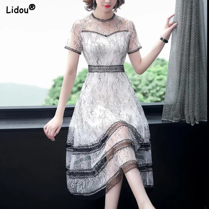 

Lace Patchwork Gauze Knee Skirts Skinny Round Neck Dresses Solid Color Short Sleeve Casual Elegant Fashion 2023 Women's Clothing