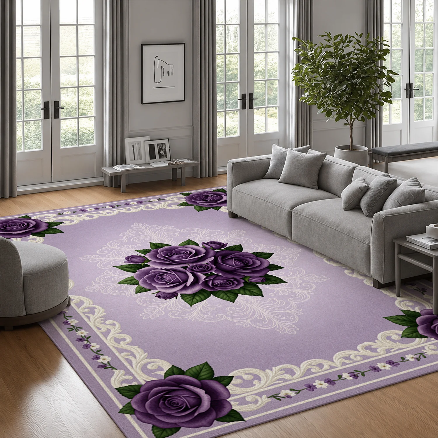 Purple Rose Floral Ornamental Velvet Area Rug, Machine Washable Soft Plush Floor Mat with Stable Placement for Living Room, Bedroom, Dining Room, Entryway, Ideal for Halloween, Thanksgiving, Christmas, New Year, Black Friday Home Decor