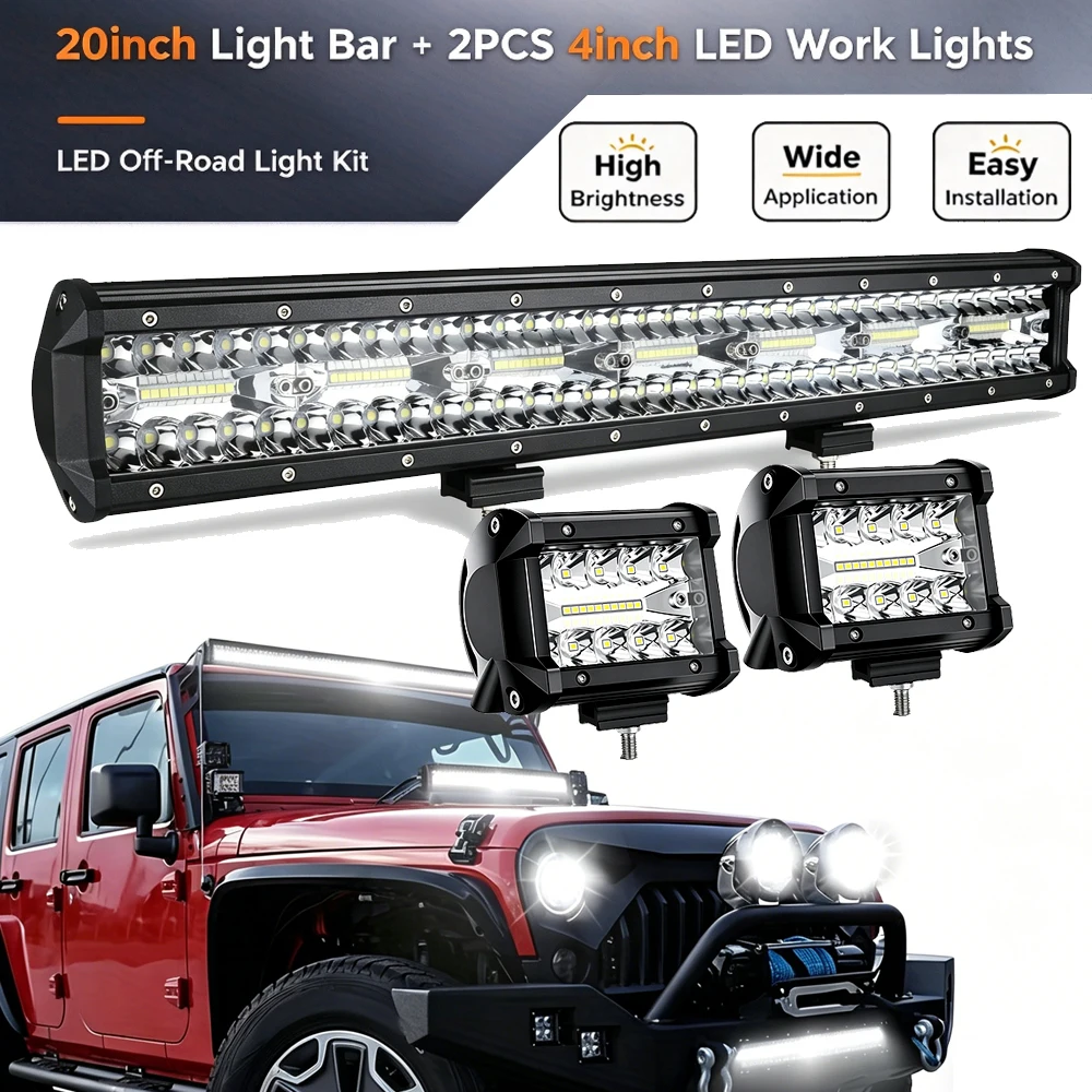 20-Zoll-LED-Lichtleiste mit 2 Stück 4-Zoll-LED-Arbeitsleuchten, dreireihiges LED-Offroad-Lichtset, Spot- und Flutlicht-Kombination, wasserdichte Nebelscheinwerfer für Jeep, LKW, ATV, UTV, SUV, Boot