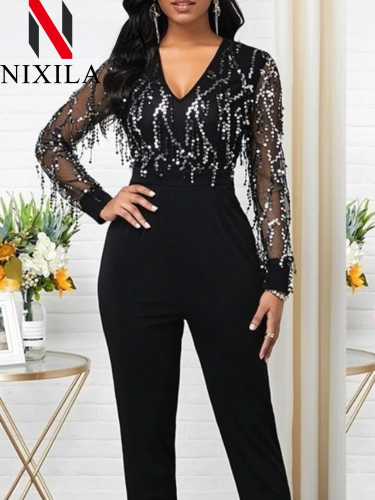 New in Women\'s Sequined V-neck Long Sleeve Jumpsuit Elegant Casual Pants Black Jumpsuit Women Sexy Streetwear Female Clothes