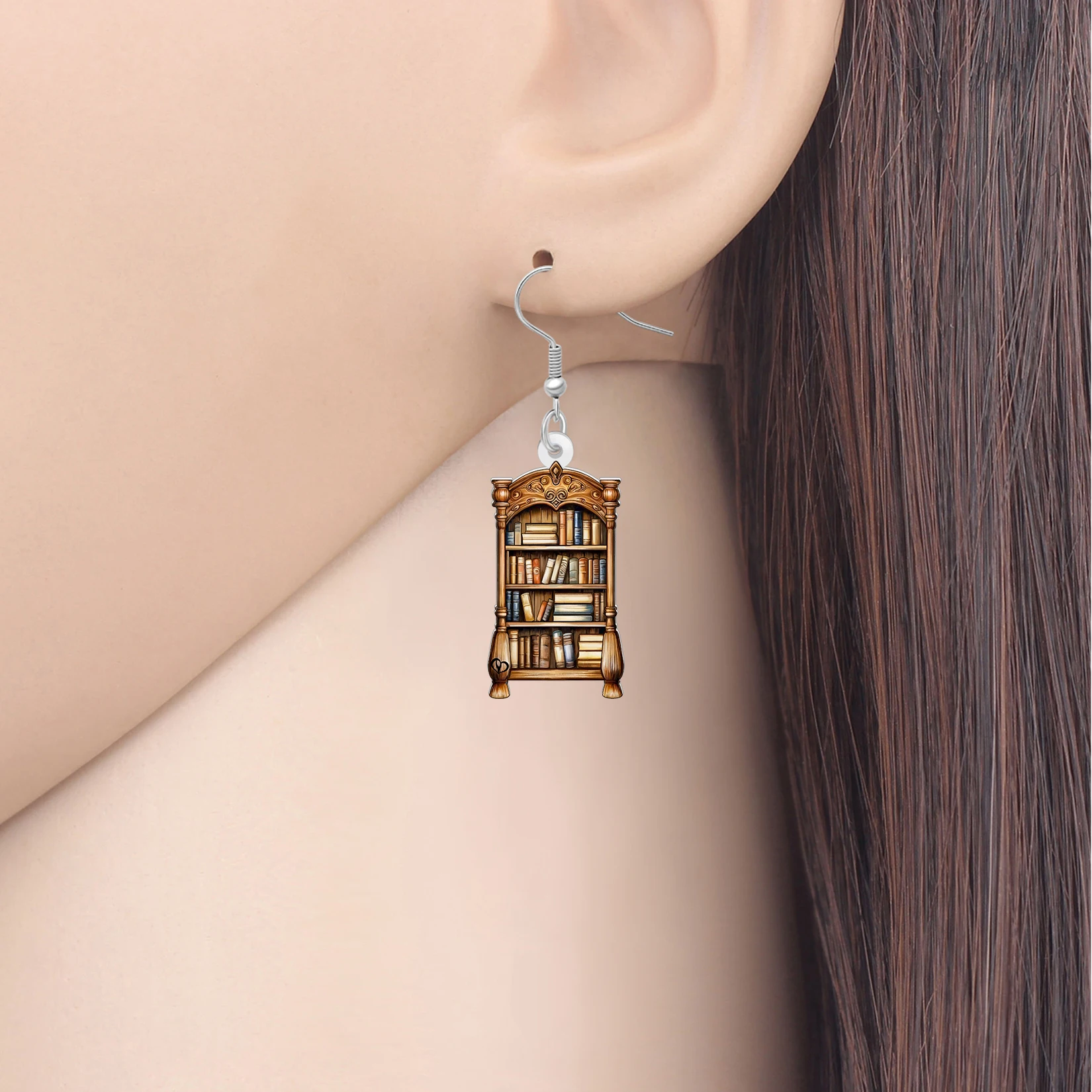 BONSNY Acrylic Retro Bookshelf Earrings Wood Bookcase Dangle Classical Books Jewelry Bookish Gifts For Women Readers Teachers
