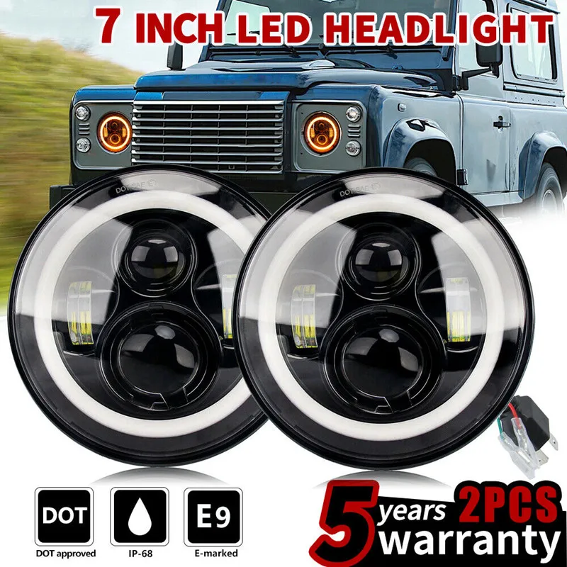 

PAIR 7" LED HEADLIGHTS HALO E MARKED RHD FOR LAND ROVER DEFENDER 90 110 TDI TD5