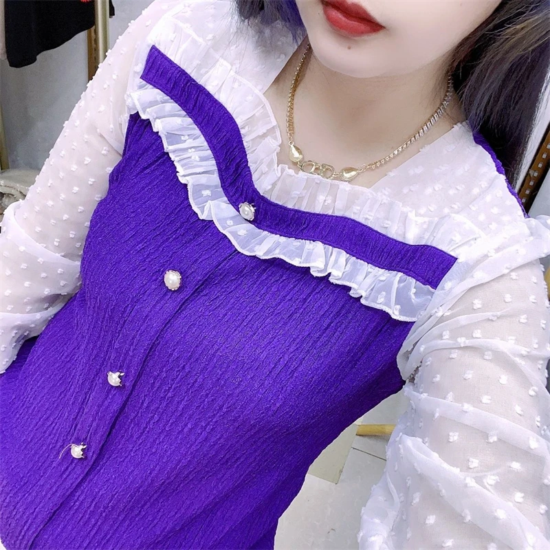 2024 Spring Autumn Women Trendy Ruffle Patchwork Sweet Blouse Casual Square Neck Chic Beaded Button Shirts Long Sleeve Slim Tops