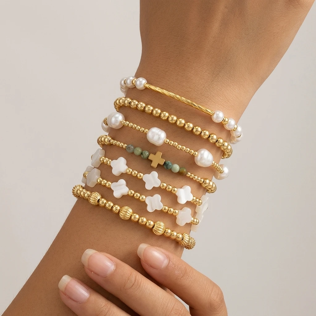 

Набор из 7 медных браслетов в богемном стиле с бусинами, многослойные, с круглыми подвесками, на резинке, для женщин