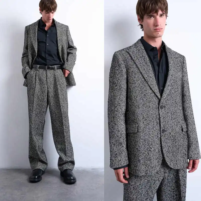 

Handsome Jacquard Men Suits Double Breasted Peaked Lapel Jacket Blazers Crystals 2 Pieces Customized Formal Party Wear