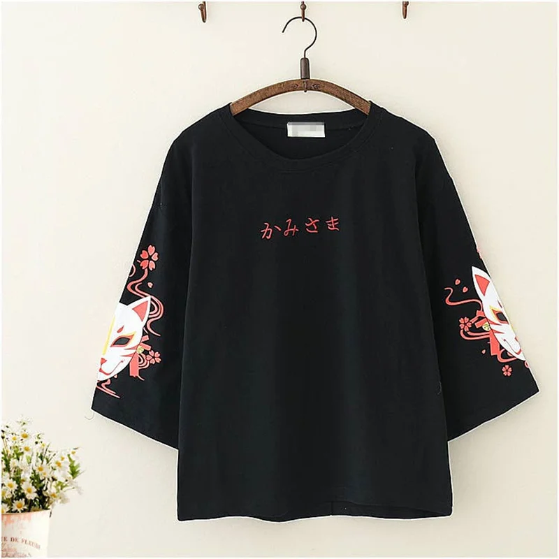 Anime T Shirt Fox Printed Lolita Women Girl Harajuku Spring Black Top Cosplay Costume Skirt Summer Clothing