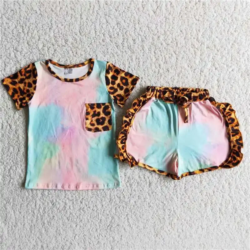 

No MOQ RTS Leopard Print With Pockets Blue Pink Tie Dye Splicing Short Sleeve Drawstring Shorts Kids Suit