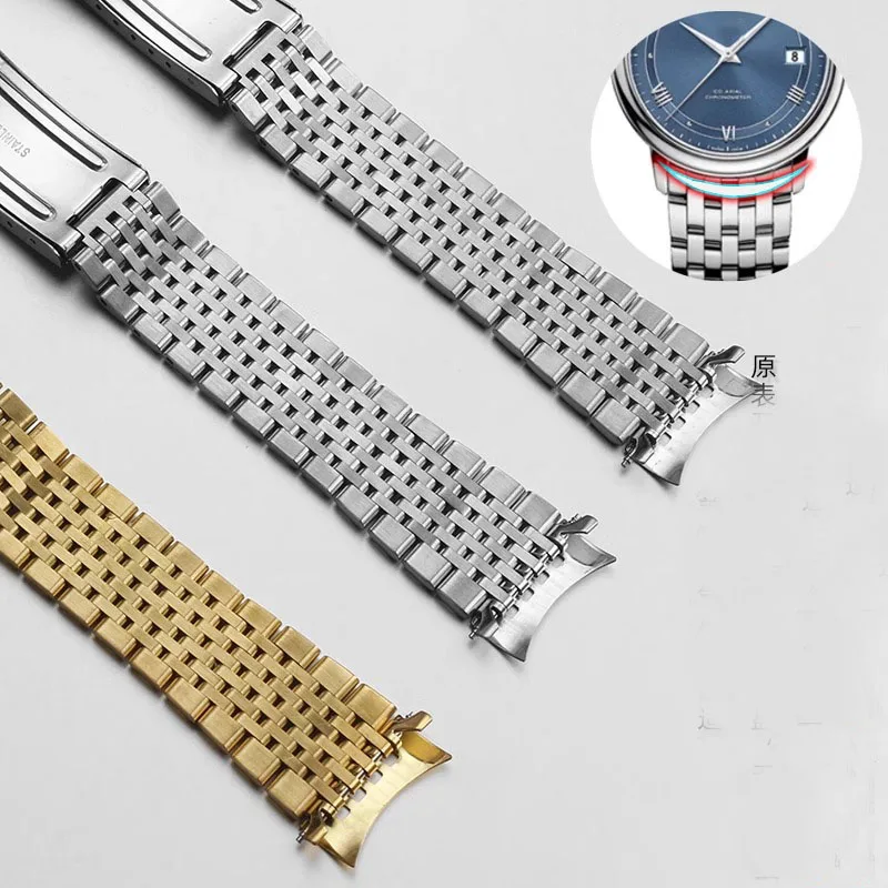 Curved End Watchband for Omega Seamaster Speedmaster DeVille Stainless Steel Strap 18mm 19mm 20mm Thin Bracelet Belt Silver Gold