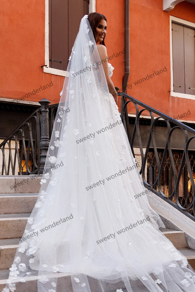 Vestido de novia de princesa con estampado Floral 3D, traje de novia de tul de hada con velo, blanco, escote Corazón, línea A