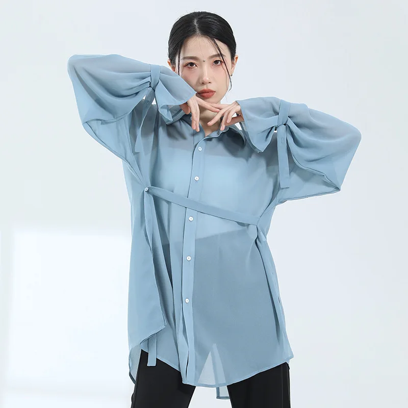 

Long Chiffon Shirt Adults Training Clothes Loose Flowy Dancer Basic Wear Sexy Transparent Unisex Body Rhyme Top Solid Summer