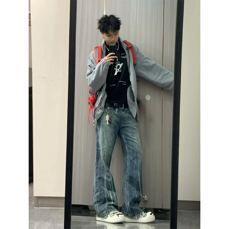 

American High Street Vibe Split Pattern Jeans Men's Trendy Slim Straight CleanFit Flared Pants Youthful Wear Resistant Cotton...