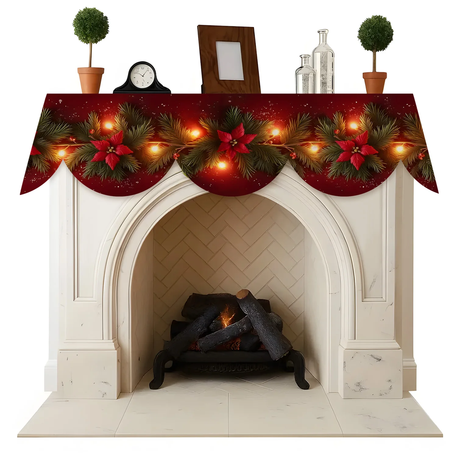 

Christmas Red Lantern Table Skirt with Xmas Trees Design 1 Piece Cotton Linens Fireplace Cloth Dresser Scarf for Wedding Dinner