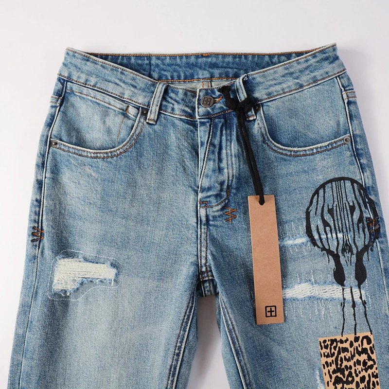 High Street Chic Hipster Plankton Softened Stretch KSUBI Jeans Hole Splicing Mend Scorpion Print Casual Skinny Jeans