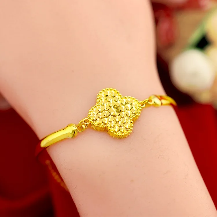 Real 100% 14K Gouden Kleur Lucky Vier Klavers Bangle Voor Vrouwen Sieraden Vergulde Armband Wedding Party sieraden Gift