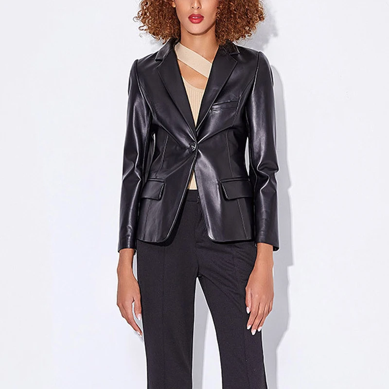 수입 정품 양가죽 블레이저 재킷 여성용 2025 신상 시크 오피스 레이디스 싱글 버튼 슬림핏 숏 양가죽 수트 코트