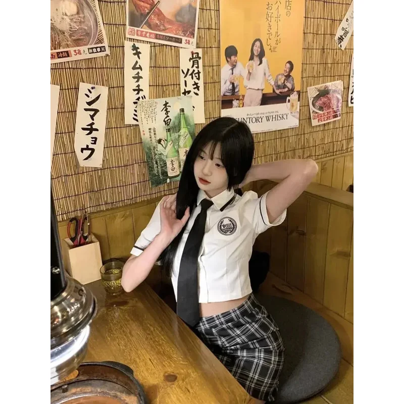 زي المدرسة على الطراز الياباني والكوري ، زي الفتيات Jk ، تنورة عالية الخصر ، التفاف الورك ، مجموعة يومية من قطعتين