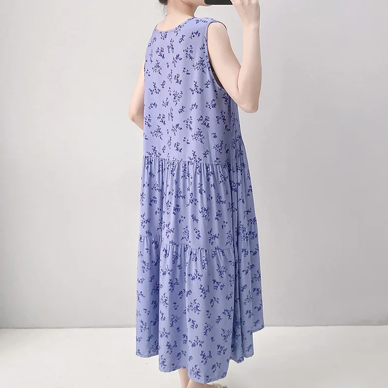 فستان نوم نسائي طويل مطبوع عليه زهور، ملابس نوم صيفية جديدة بدون أكمام، ملابس نوم فضفاضة، ملابس منزلية غير رسمية