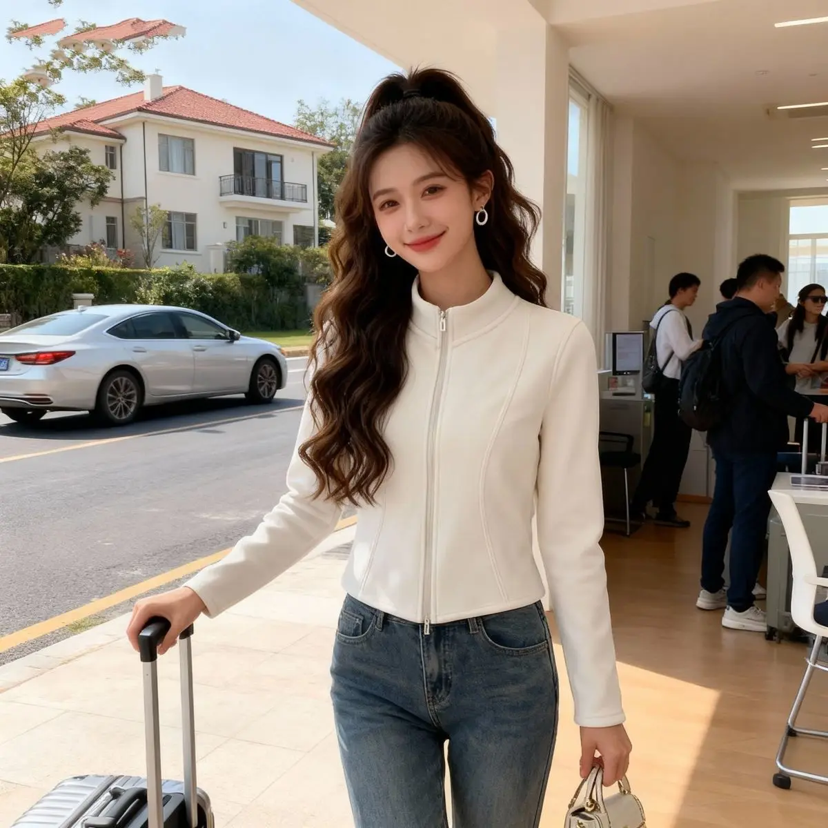 Ele Fce gefütterte Jacke mit doppeltem Reißverschluss für Damen, schmale Passform, warme Oberbekleidung von Top-Qualität mit Taillenlinie