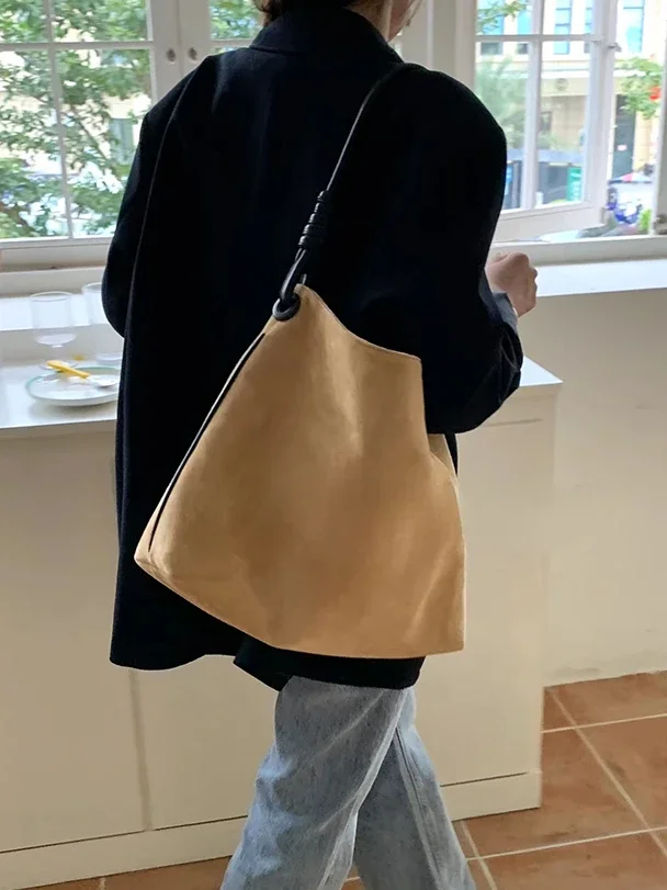 New Vintage Suede Contrast Color Handbags Women Shoulder Bucket Bag Large Capacity Portable Diagonal Tote Bags