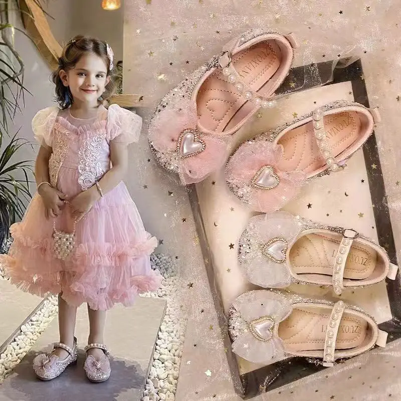 

Children's Rhinestone Bow Leather Shoes Autumn New Girls Princess Casual Single Shoes Kids Soft Soled Flower Pearl Single Shoe