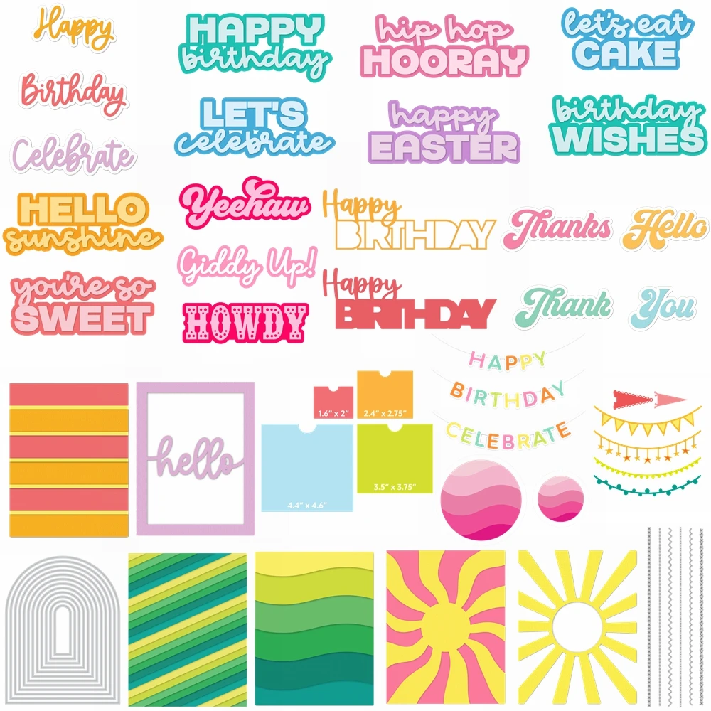 

Happy Birthday Sentiment Words Metal Cutting Dies Set Nested Tags Curve Strips Sunburst Die Cut for DIY Festive Scrapbooking