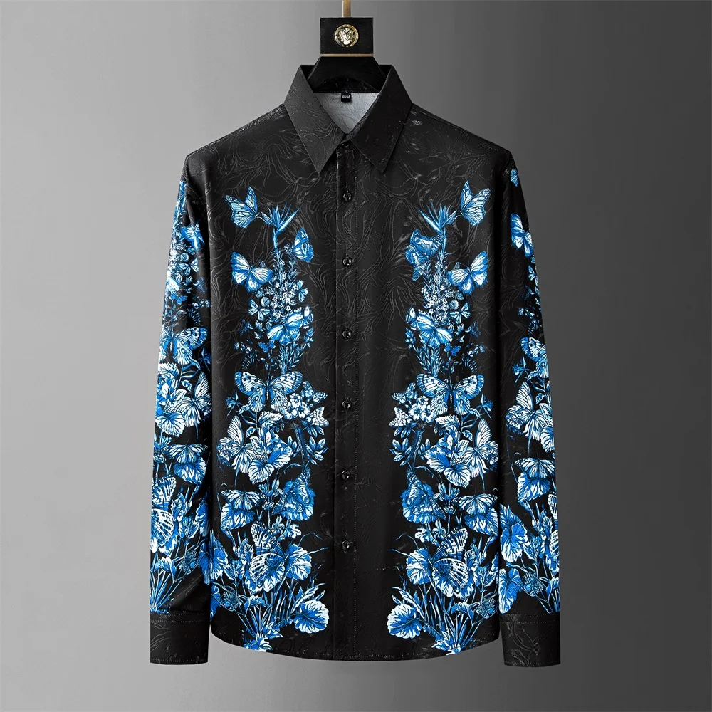 Luxury Butterfly Printed Men's Shirt Long Sleeve Loose Casual Shirts Fashion Retro Social Banquet Party Business Shirt 2024