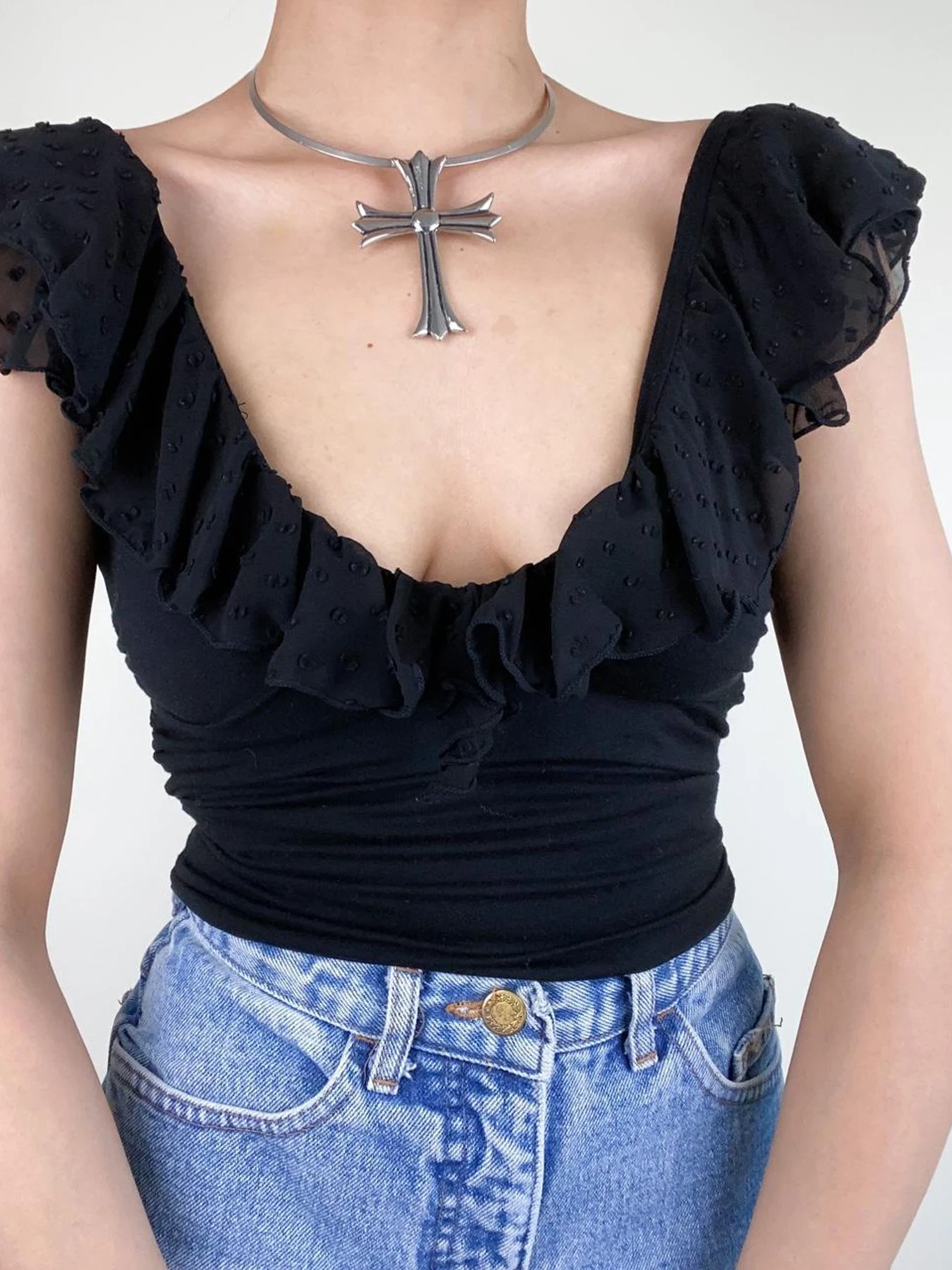 [RUOKE] Y2K Lace Ruffle V-neck Slim Fit Tops Women Sweet Sexy Casual Daily Party T-shirts Spring Summer Outfit Gothic Streetwear