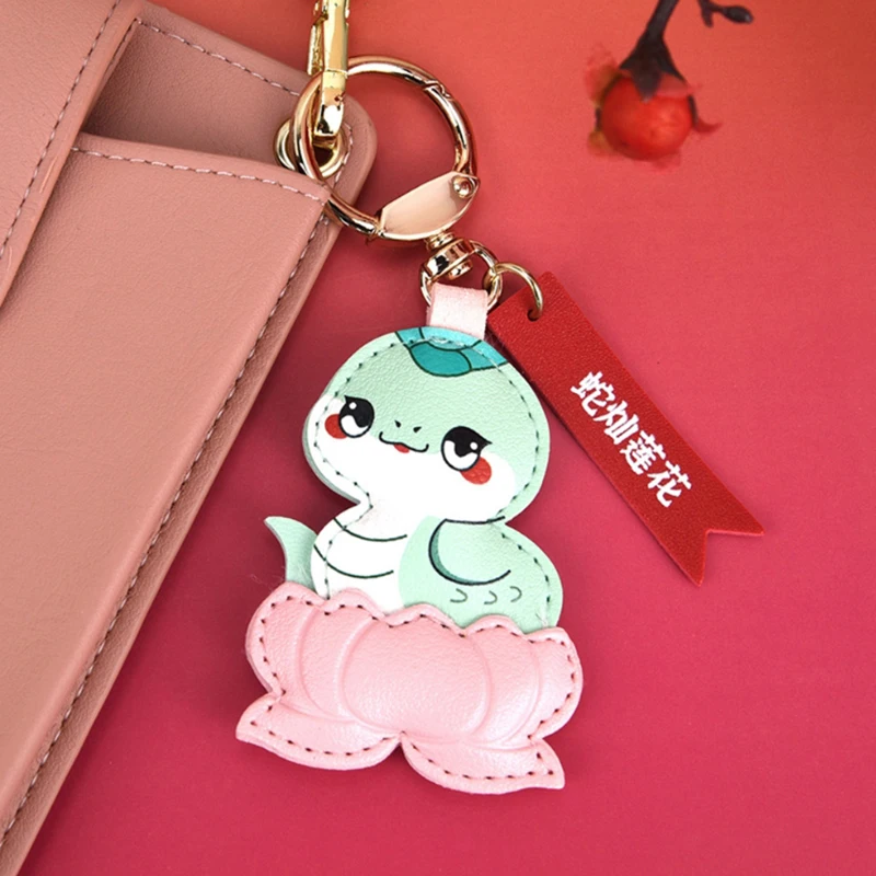 PU Leather New Year Keychain Chinese Snake Keychain Cartoon Lotus Pendant 2025 Year Of The Snake Keychain Spring Festival Decor