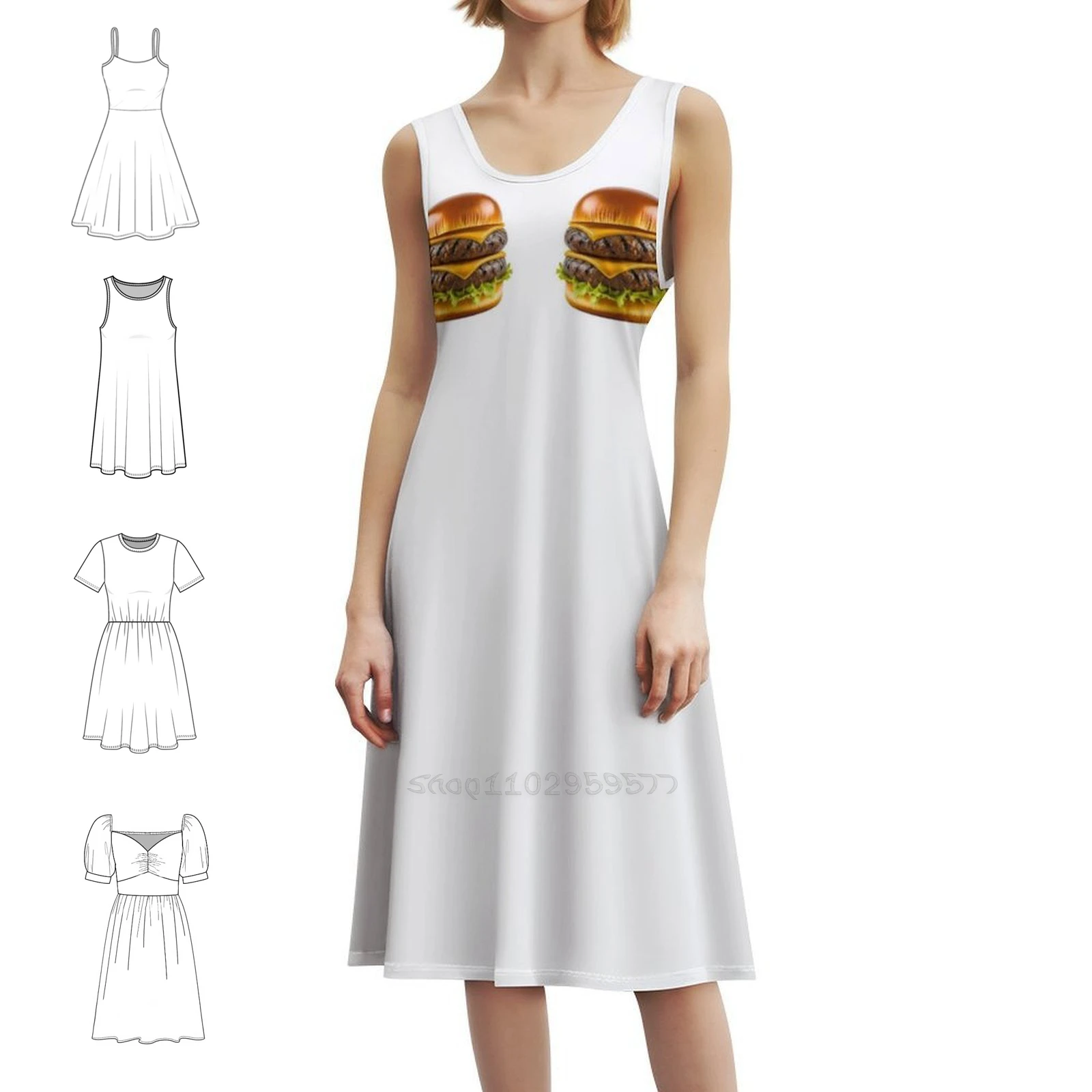 Double Layer Beef And Cheese Burger Bohemian Sleeveless Dress Multi-Print Beach Vacation Party Dress Beef Cheese Burger Food
