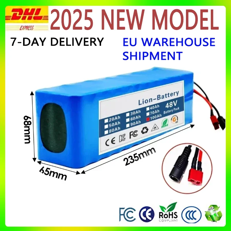 Nouvelle batterie lithium-ion 48V 100Ah 2000W 13S3P DC/T 2025, adaptée aux moteurs 48V avec BMS + 54.6V, expédition UE