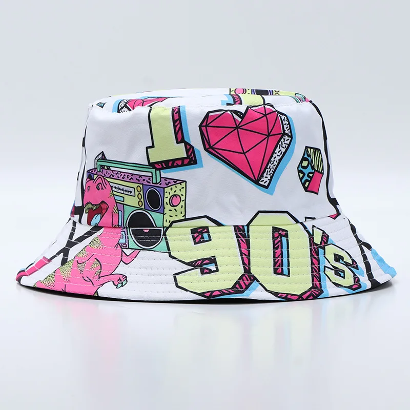 Retro 90s Graffiti Print Bucket Hat Unisex Street Hip Hop Lightweight Reversible Bucket Hat Suitable For Parties And Events
