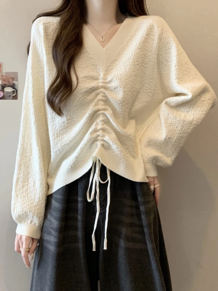 Slimming V-Neck Knitted Base Shirt Women's Early Autumn New Large Size Fat Sister Short Style Drawstring Top Korean Style Str...