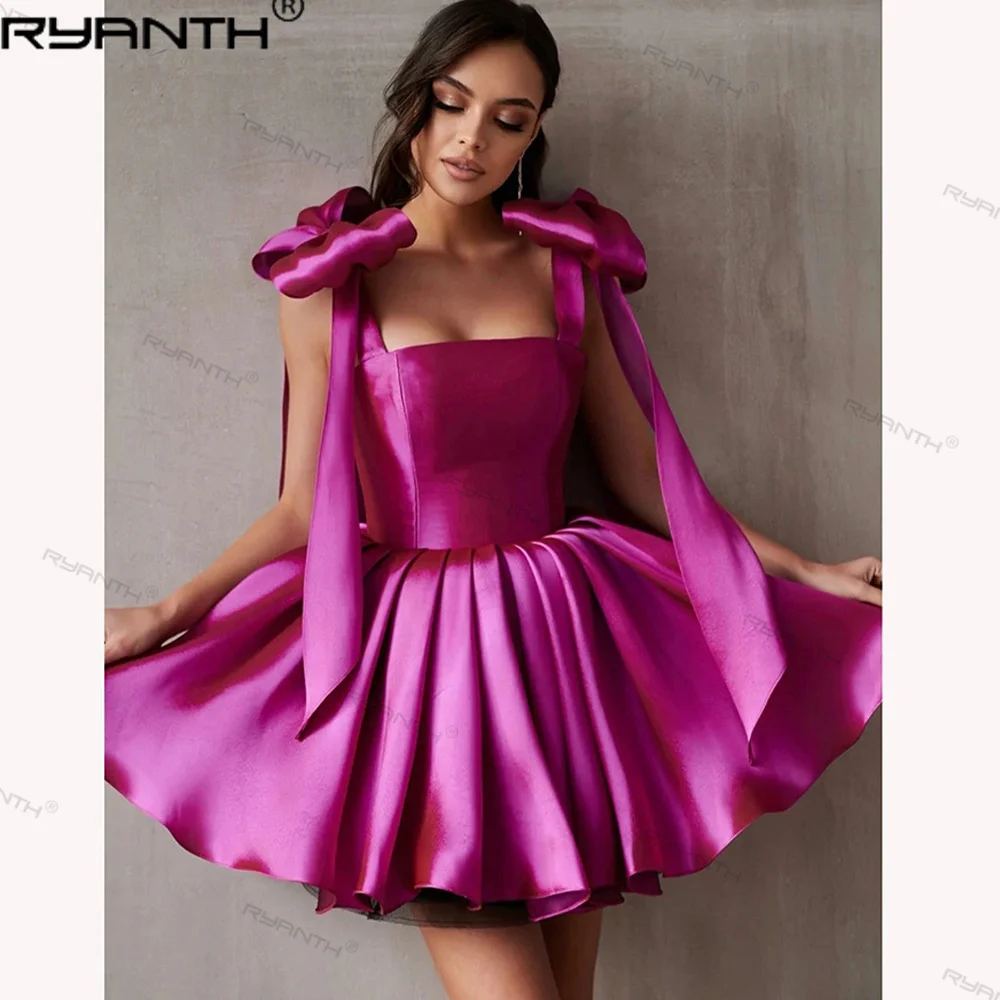 

Ryanth Fuchsia Short Homecoming Party Dress for Teens Booma Bow Draped Puffy A Line Prom Dress Sweetheart Corset Formal Gowns