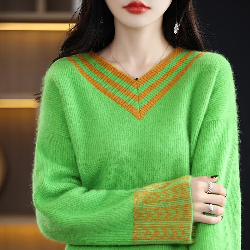 2023 Autumn/Winter New V-neck Women\'s Sweater 100% Pure Mink Cashmere Knitted Long Sleeve Pullover Women\'s Underlay Warm Top