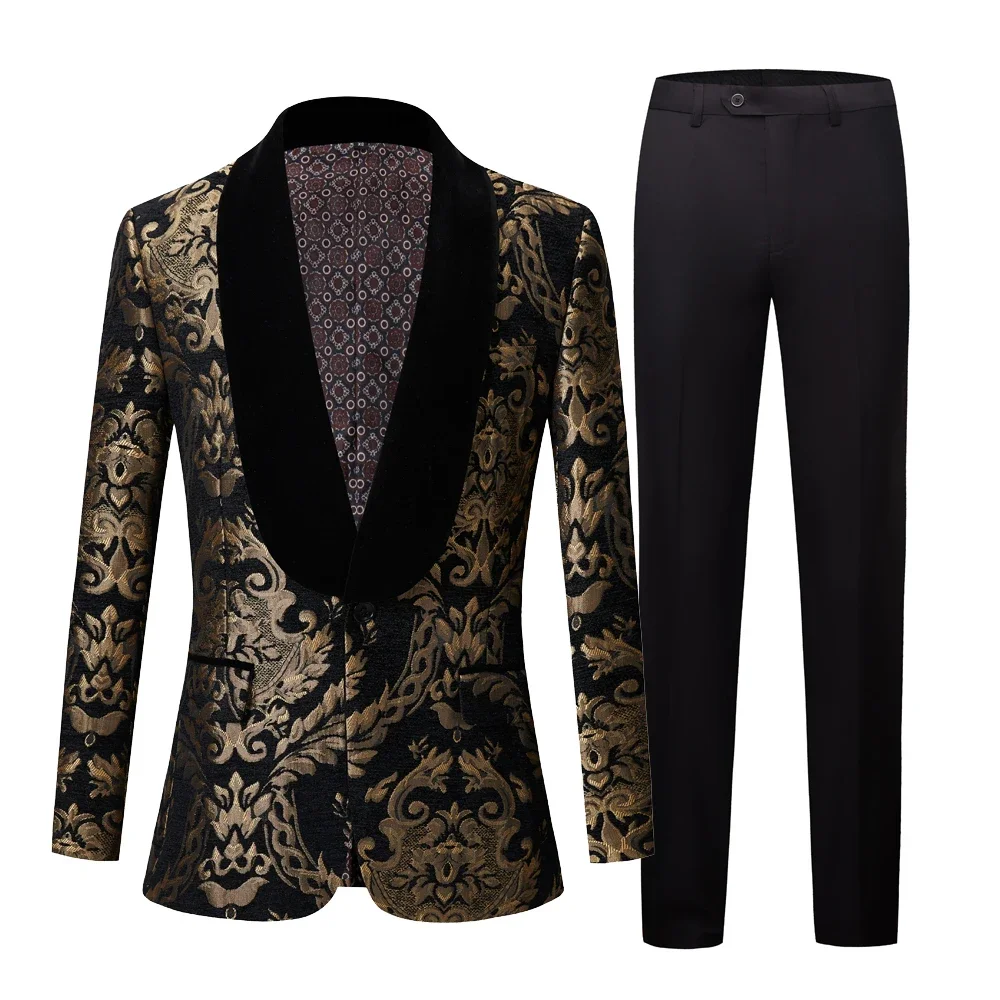 Gold Floral Jacquard Prom Men Suits Blue Shawl Lapel 2 Piece Slim Fit Groom Tuxedo Male Fashion Costume Blazer Vest with Pants