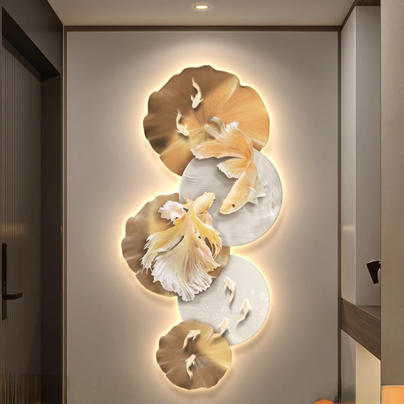 Nine Fish Painted Wall Lamp Home Decoration Living Room LED Lighting Fixtures Corridor Remote Control Foyer Mural Lamp