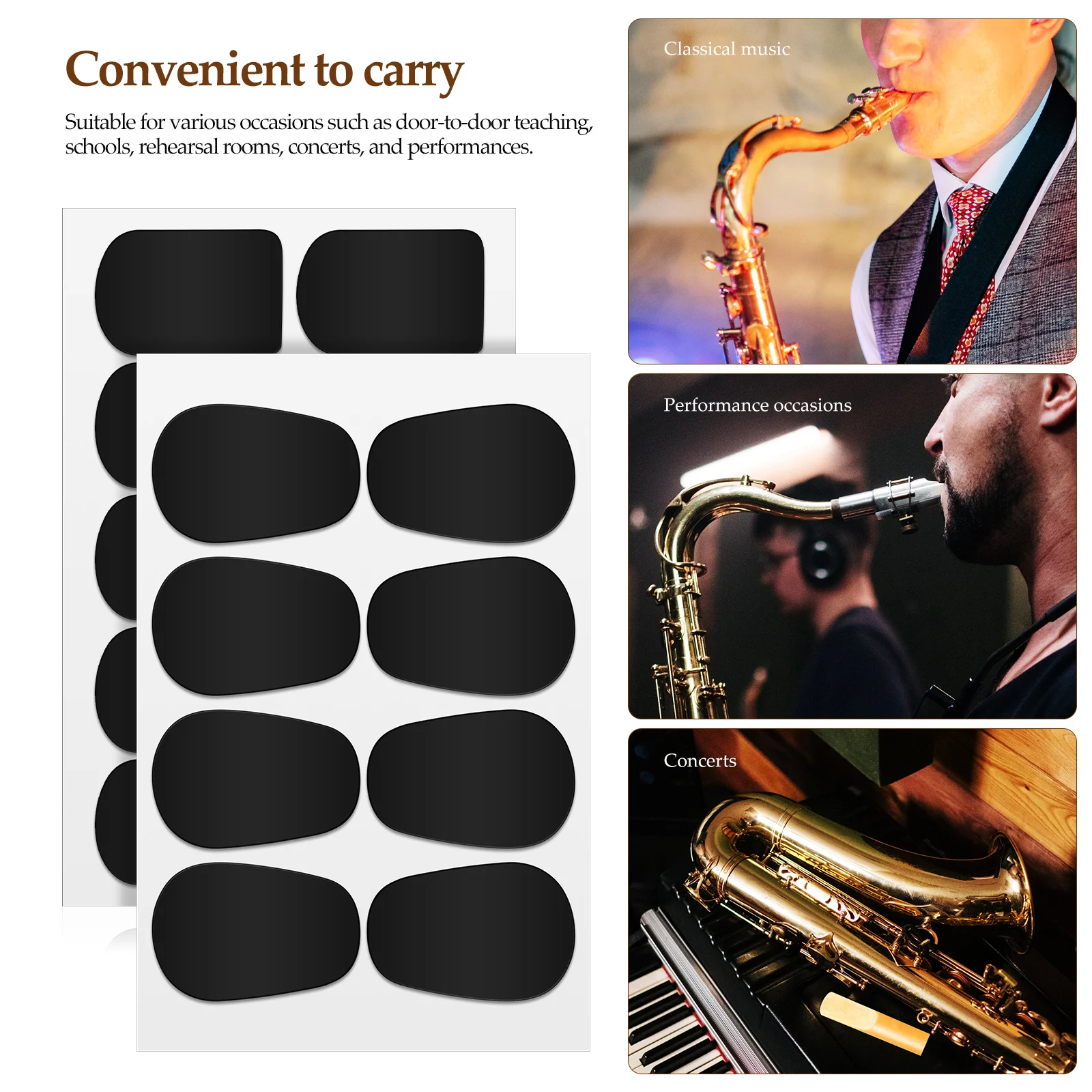 

94pcs Saxophone Mouthpiece Pads 0.8mm Black Square Oval Strong Adhesive Noise Reduction Cushion for Clarinet