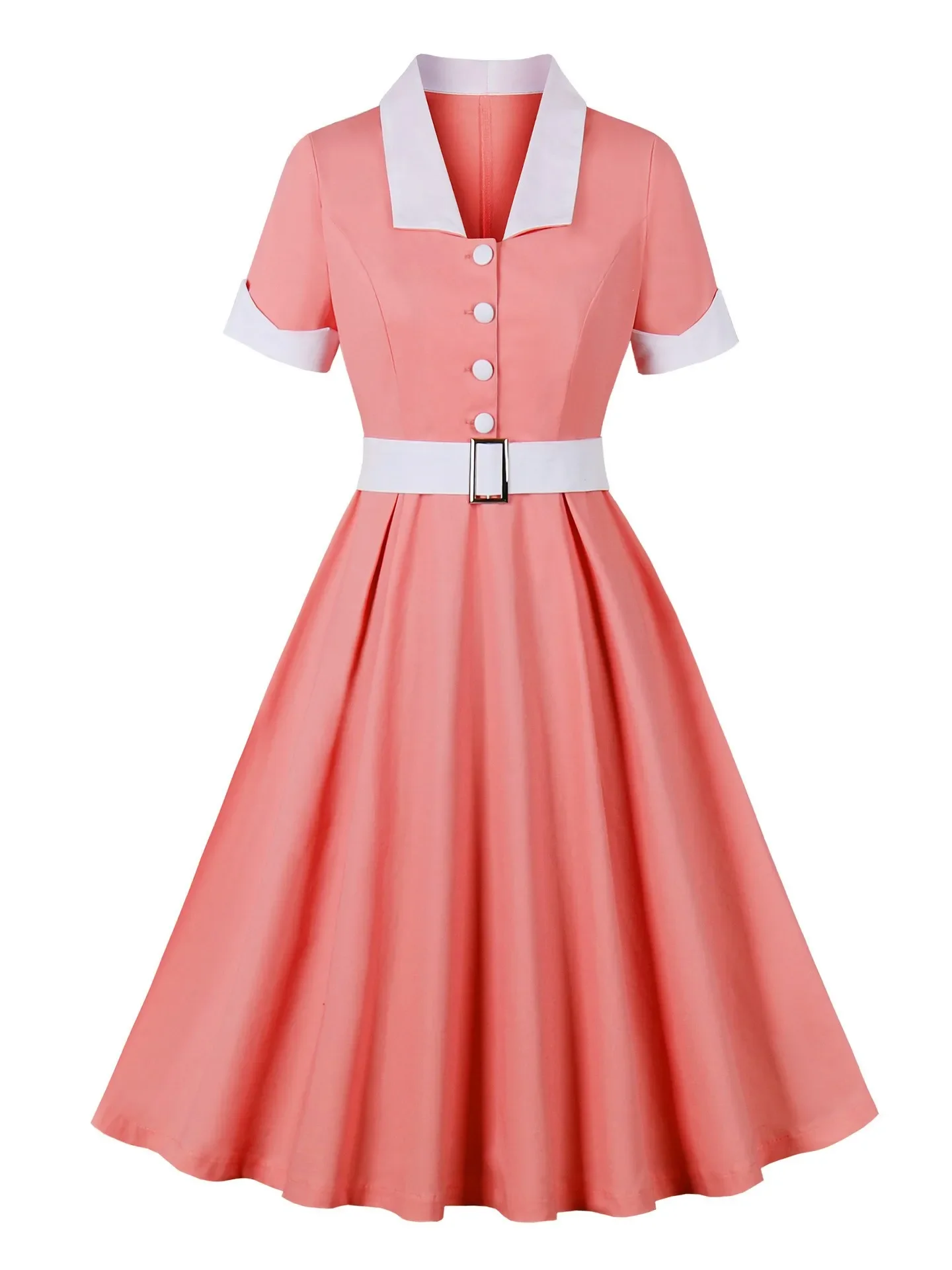 Lady Summer Dresses Vintage 60s 70s Hepburn Short Sleeve Turn Down Collar Big Swing Rockabilly Dress With Belt Cosplay Costume