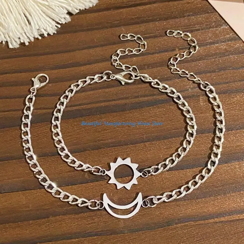 E56A 2Pcs/set Stainless Steel Simple Hollow Love Sun Moon Chain Bracelets Temperament Chain Ladies Couple Card Bracelet
