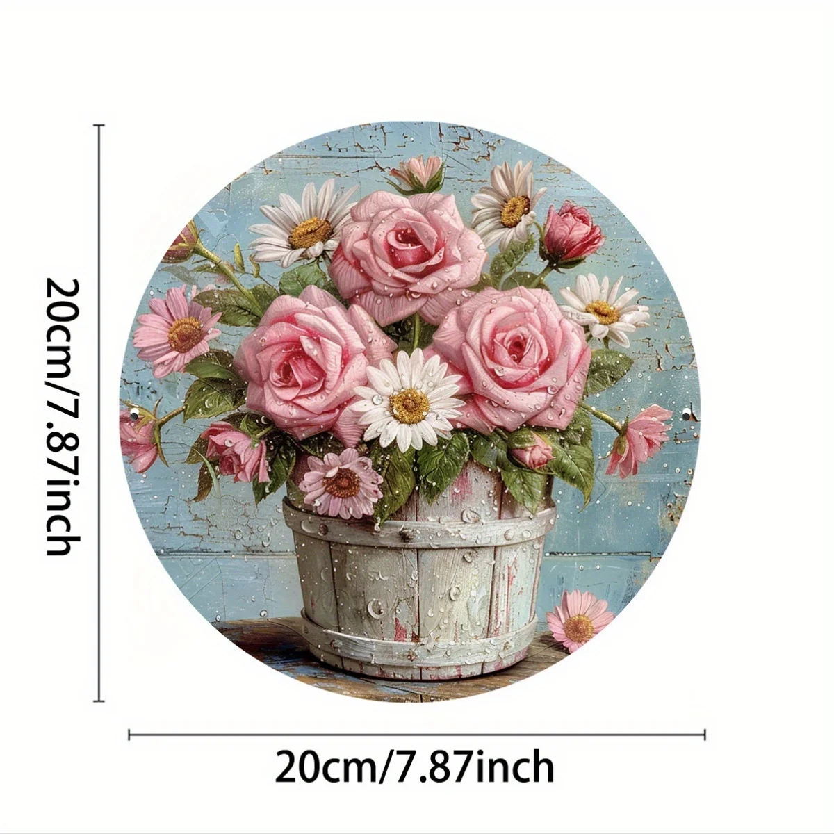 Vintage Rose Daisy Flower Bucket Round Wall Plaque 1pc 20cm 2D Flat Metal Tin Sign Retro Shabby Chic Floral Art For Home Garden