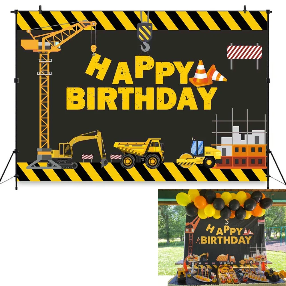 Construction Boy Birthday Excavator Birthday Banner Photography Background Toy Truck Child Kids Photostudio Props Poly Backdrop