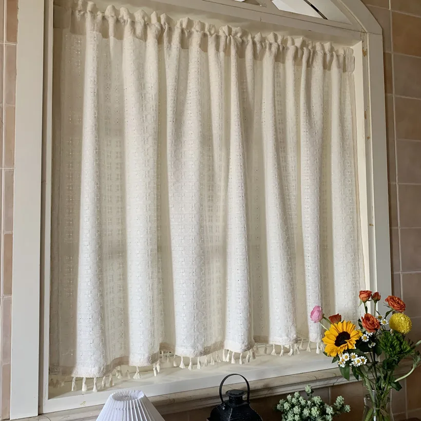 

Nordic floating curtain window screen curtain quiet wind grid American tassel for balcony, living room decoration ستائر