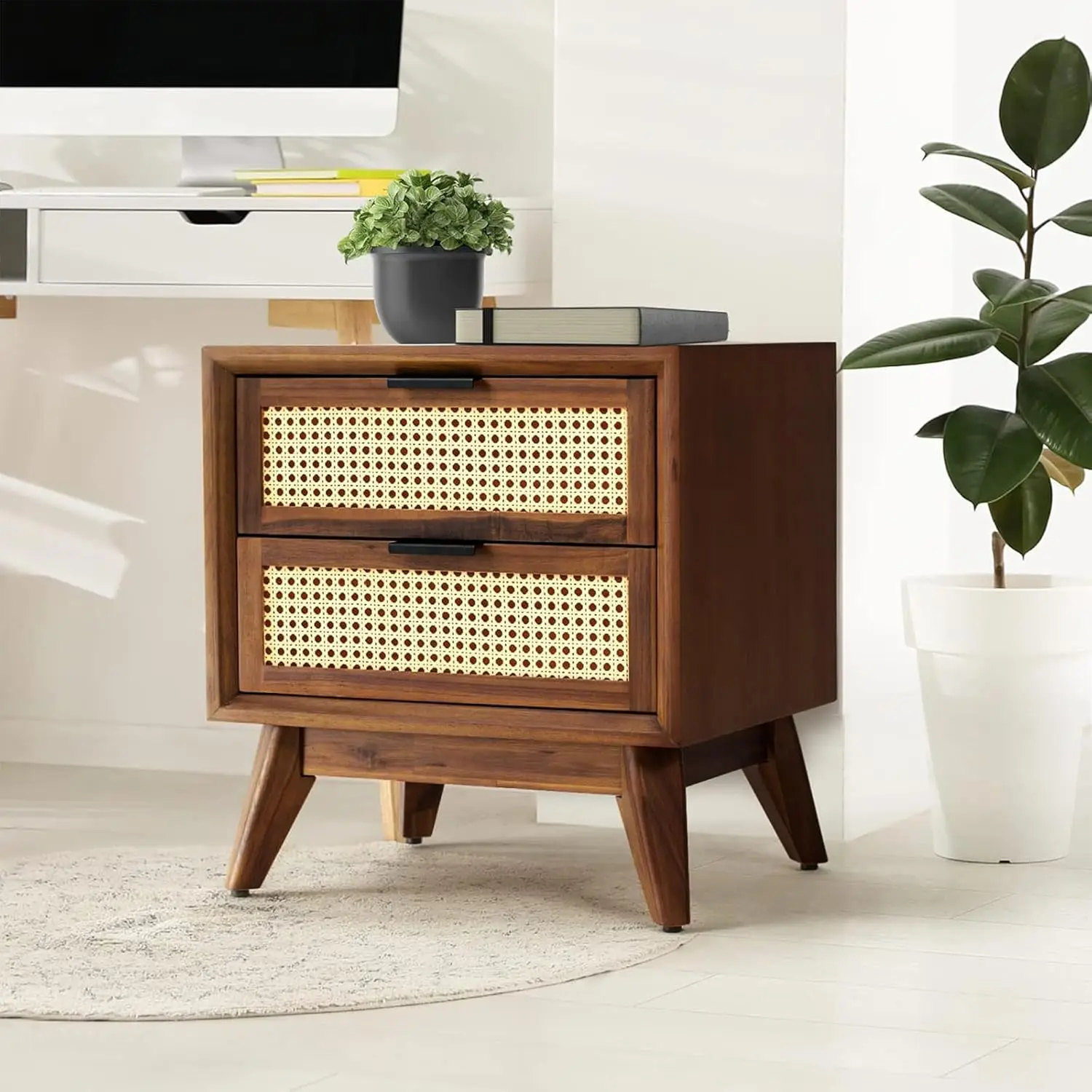 

Deluxe Solid Wood Rattan Nightstand – Mid-Century Modern Side Table with 2 Drawers