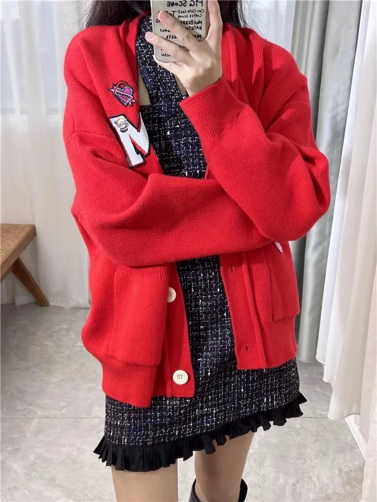 

Women Red Knitted Cardigan Letter Embroidery V-Neck Long Sleeve Single Breasted Loose Spring 2024 Sweater