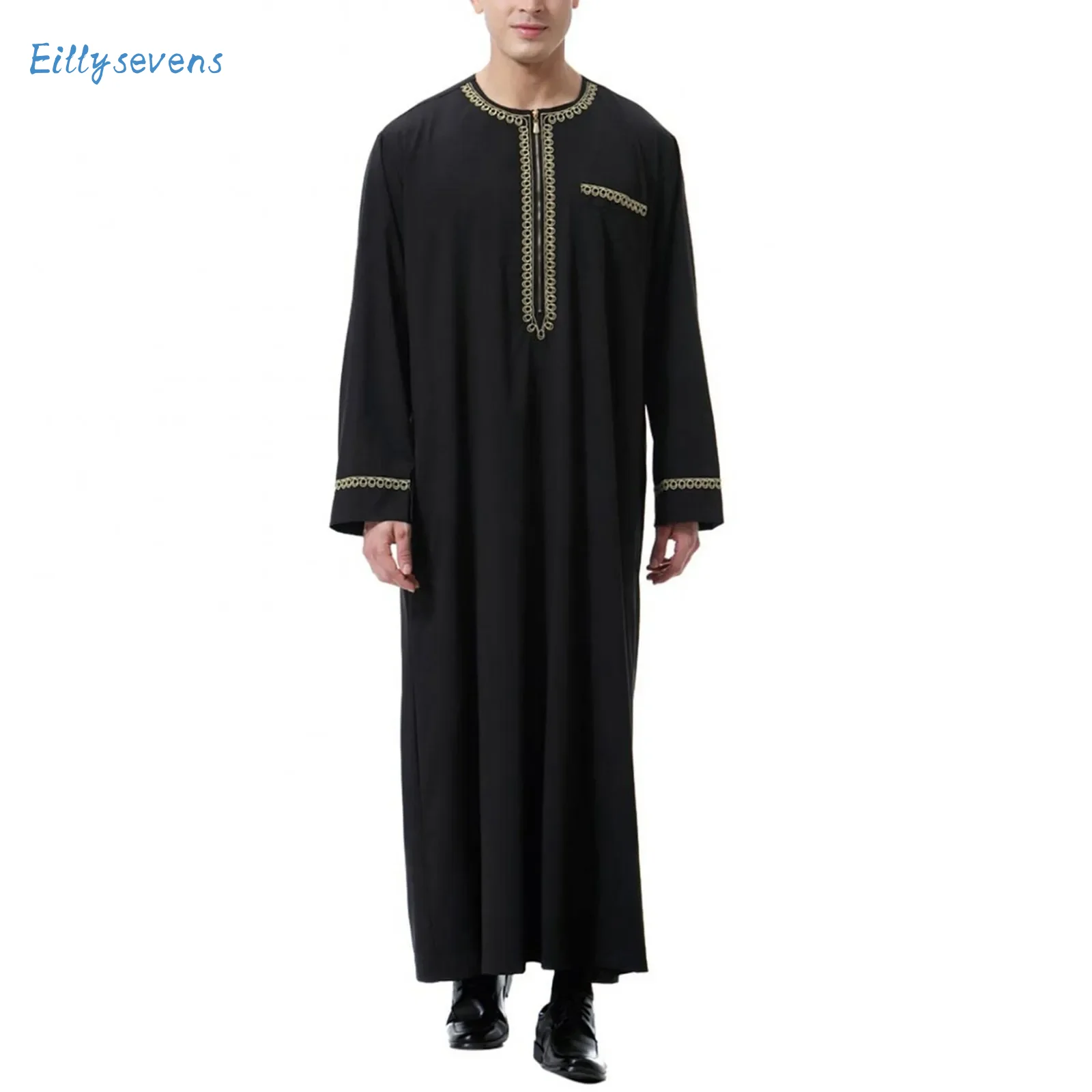 Men\'S Muslim Shirt Simple Printed Patchwork Kaftan Islamic Royalty Dubai Robe O-Neck Long Sleeve Retro Loose Jubba Thobe