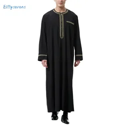 Camicia musulmana da uomo semplice stampata Patchwork caftano islamico Royalty Dubai Robe o-collo manica lunga Retro allentato Jubba Thobe