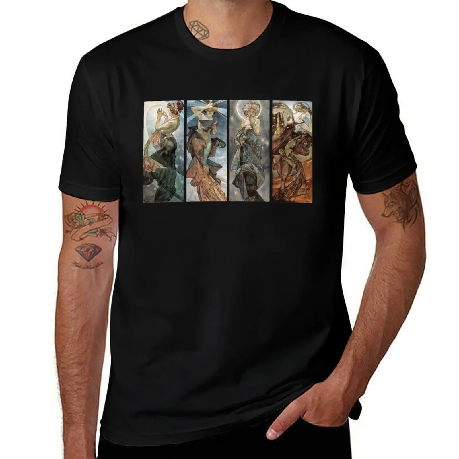 

The Moon and the Stars Alphonse Mucha T-Shirt Casual All Match Short Sleeve T-Shirt