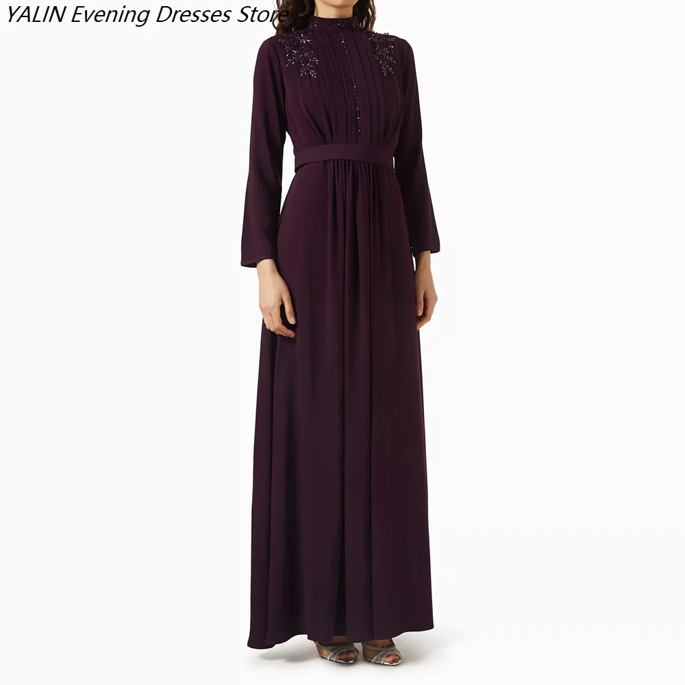 

Women's A-line Evening Dresses Ankle-length High-neck Full Sleeve Prom Dresses Fashion Sequined Simple Draped Customized Gowns