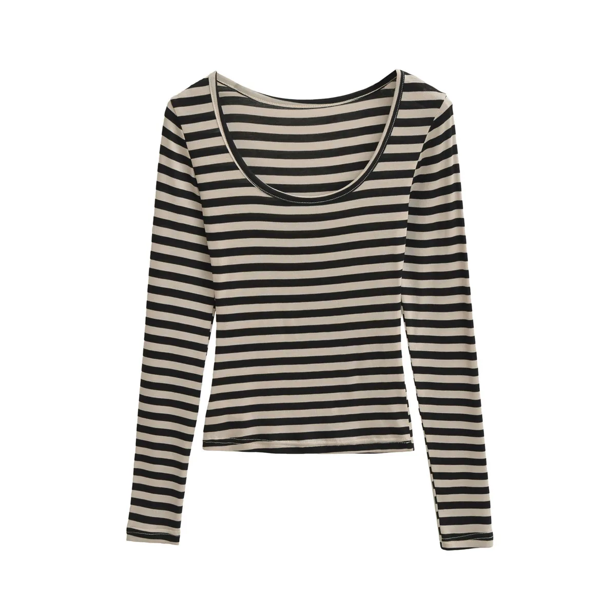 เสื้อยืดแฟชั่นลำลองลายทางสีสันตัดกัน แขนยาว คอวี ทรงเข้ารูป สำหรับผู้หญิง คอลเลคชั่นฤดูใบไม้ร่วง 2025 รุ่นใหม่ ไซส์ใหญ่ รุ่น 10D5