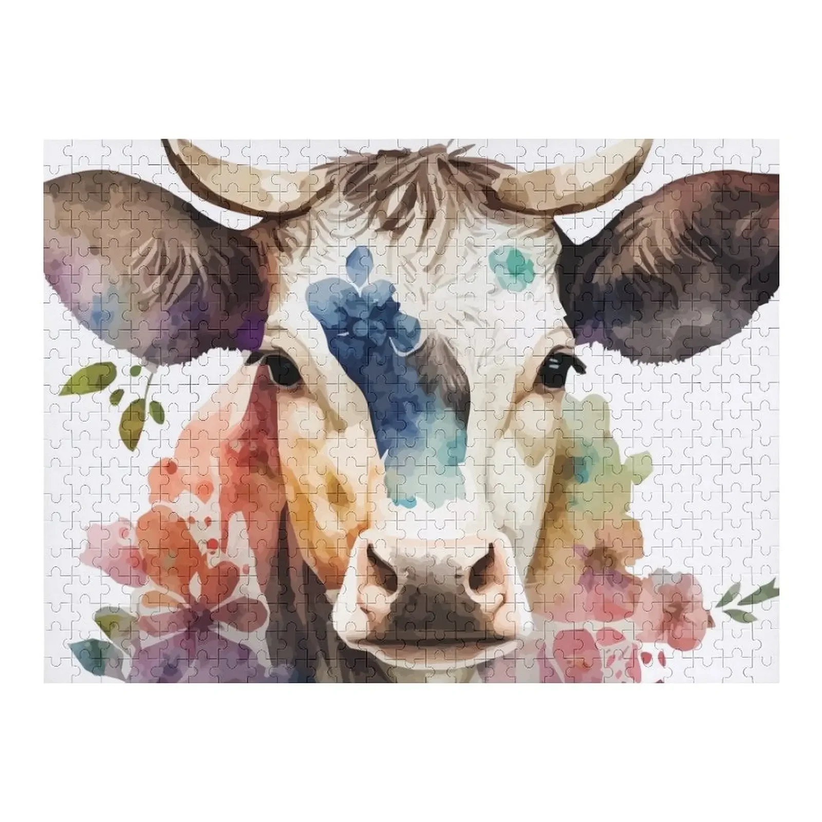 

A Floral Bohemian Cow Watercolor - Boho Animals Jigsaw Puzzle Personalized Gifts For Children Puzzle